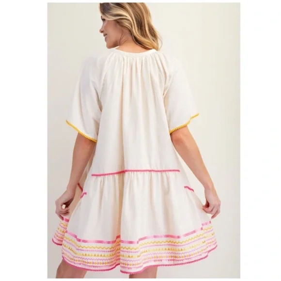NEW! Easel Cotton Embroidered Pom Pom Trim Flutter Sleeves Pocket Dress! - Picture 5 of 5
